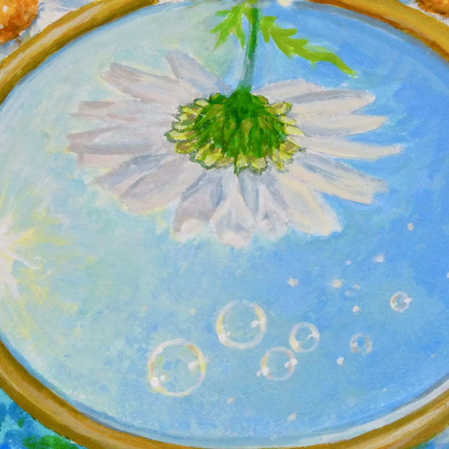 花と鏡　シャボン玉ふわり